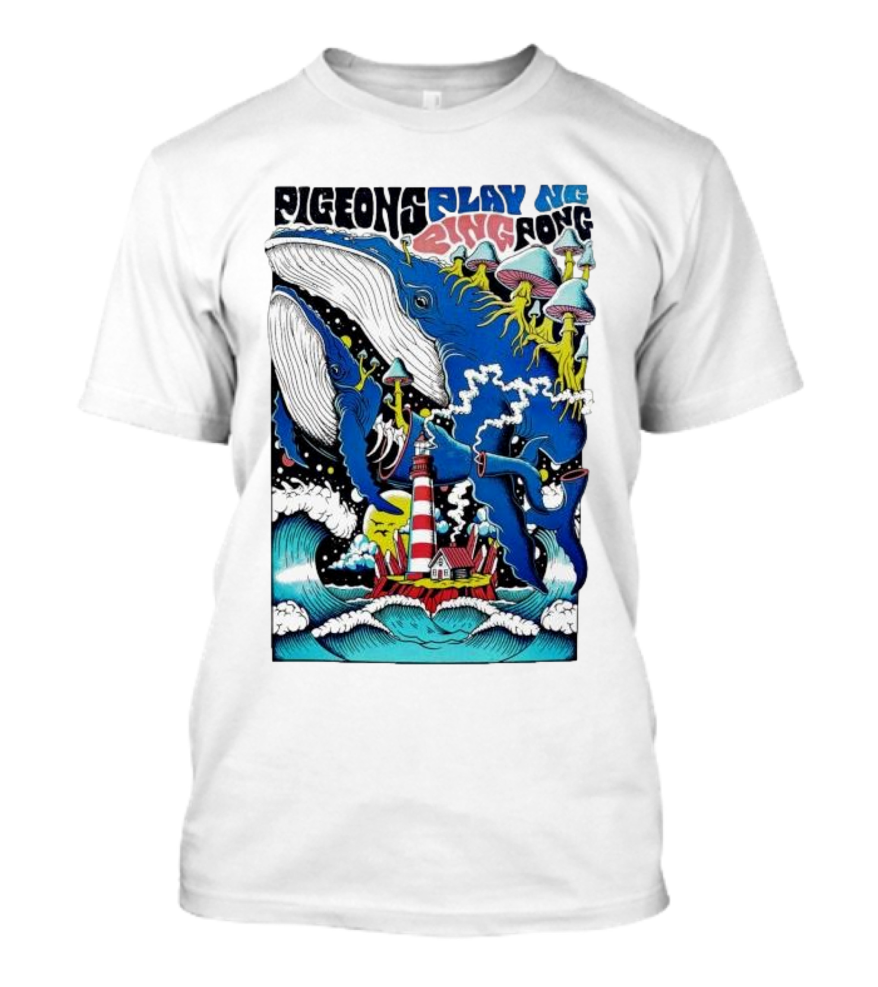 Pigeons Playing Ping Pong Whale Lighthouse Mushrooms December 57 2024 Hartford CT T-Shirt