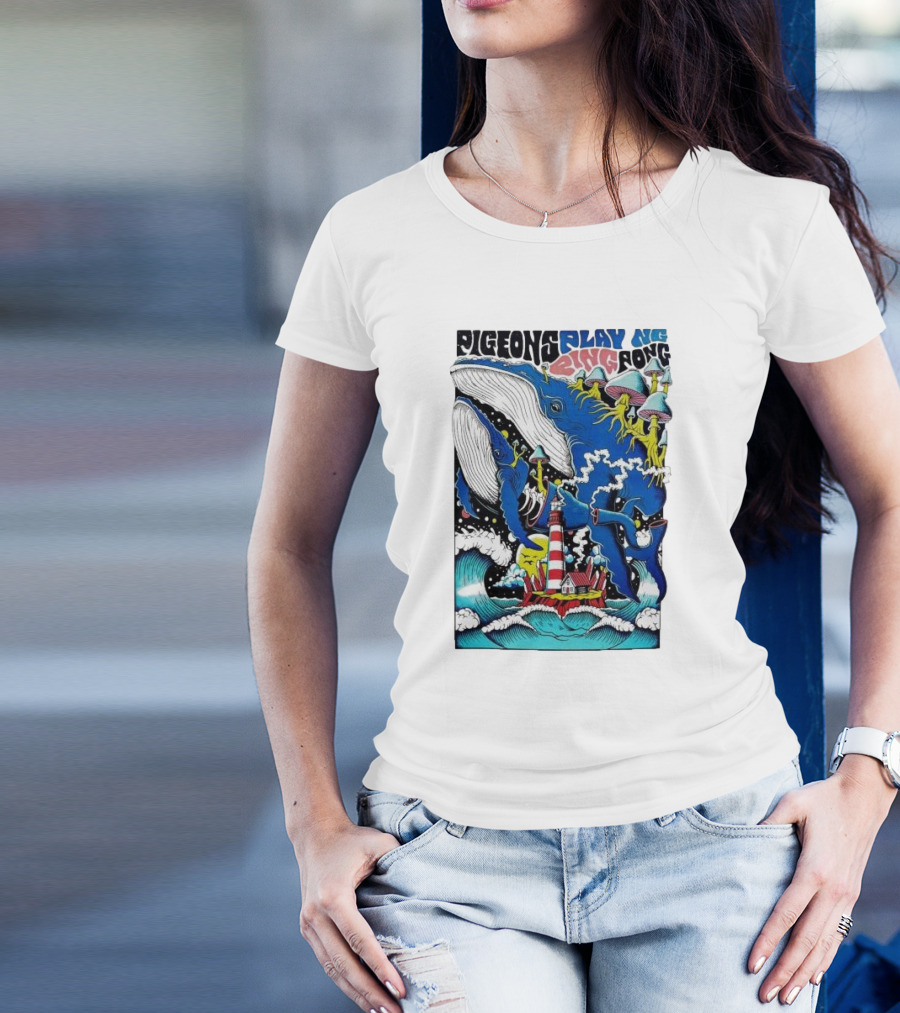 Pigeons Playing Ping Pong Whale Lighthouse Mushrooms December 57 2024 Hartford CT T-Shirt