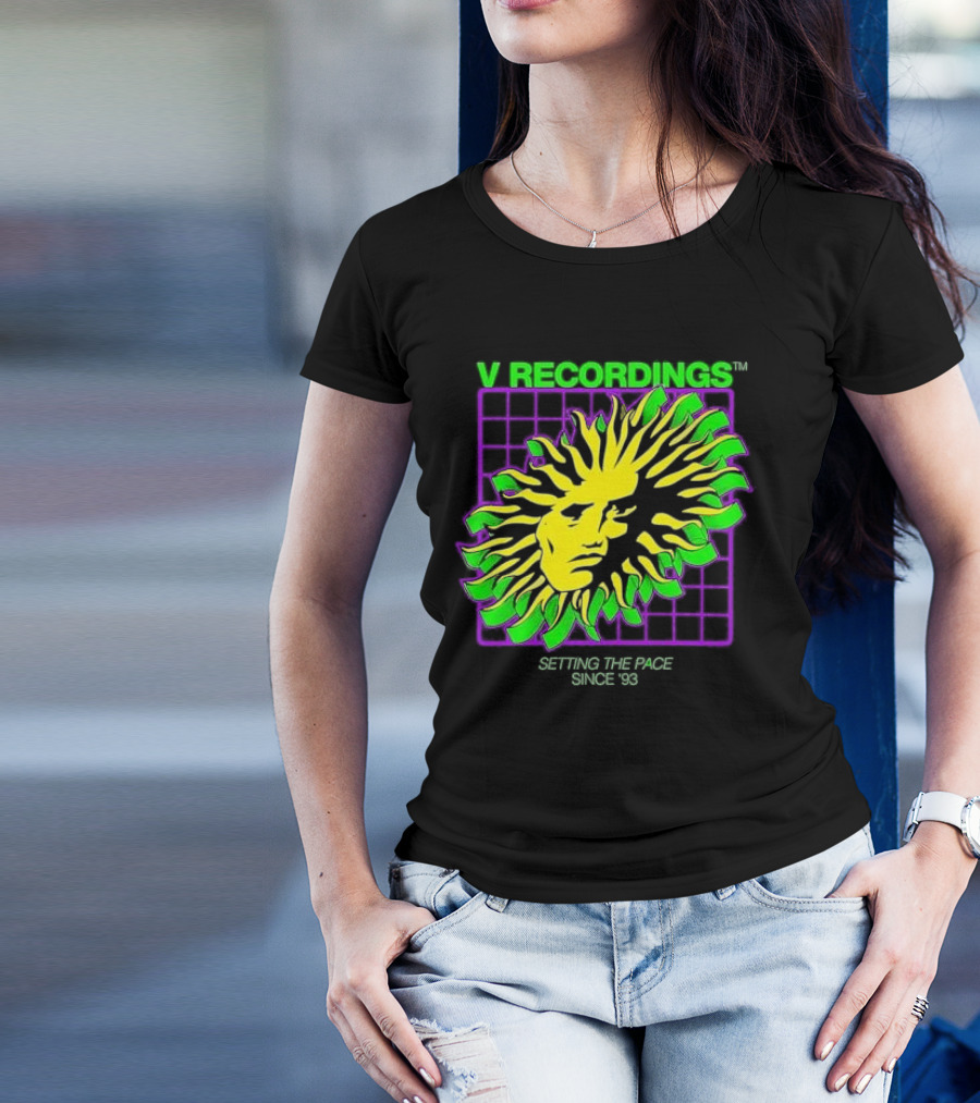 V Recordings Setting The Pace Since 93 Sunburst Face Retro Grid T-Shirt