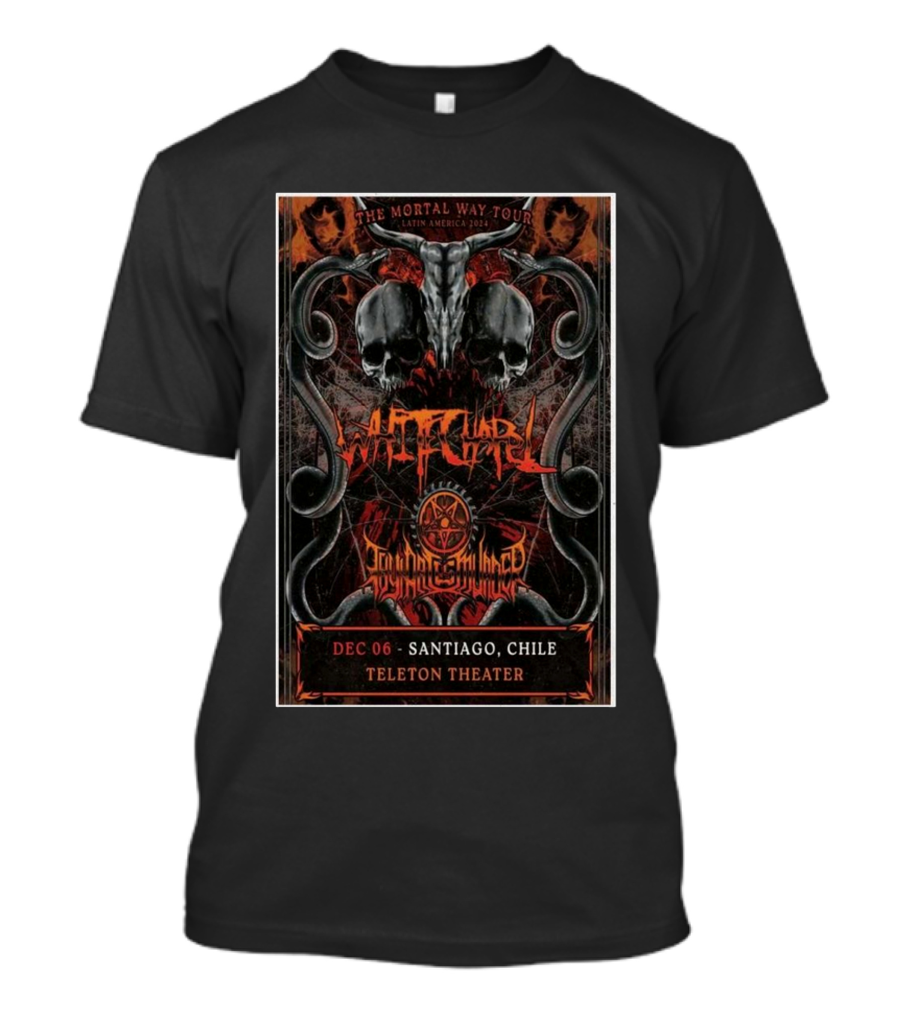 The Mortal Way Tour Latin America 2024 Whitechapel Santiago Chile Dec 6 Teleton Theater Skulls T-Shirt