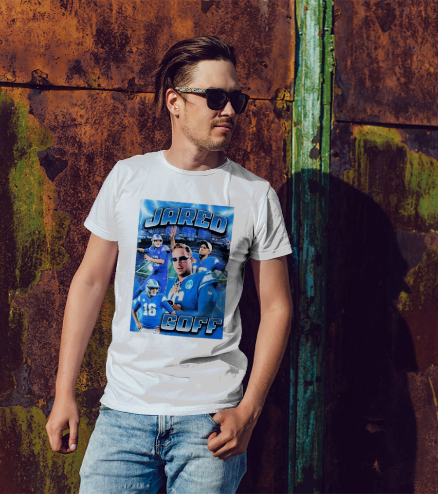 Jared Goff Detroit Lions Acid Washed Blue Quarterback Collage T-Shirt