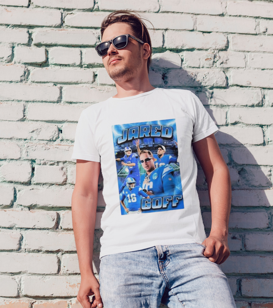 Jared Goff Detroit Lions Acid Washed Blue Quarterback Collage T-Shirt