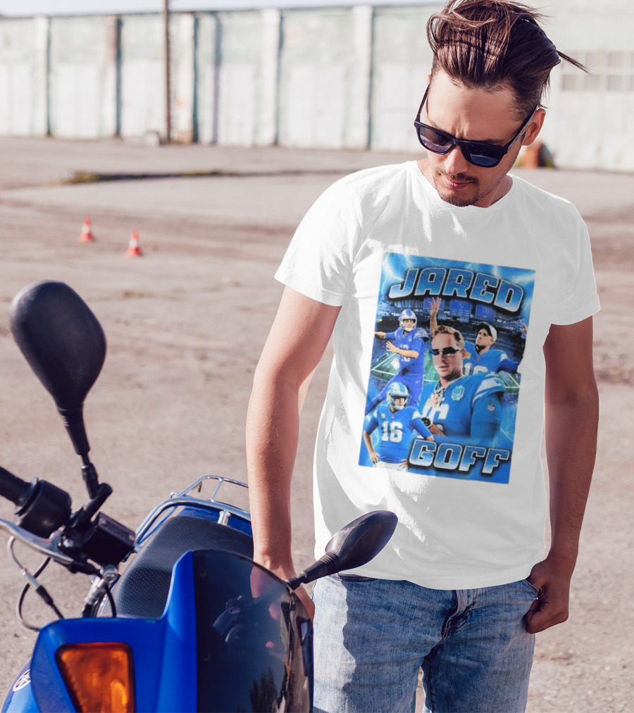 Jared Goff Detroit Lions Acid Washed Blue Quarterback Collage T-Shirt