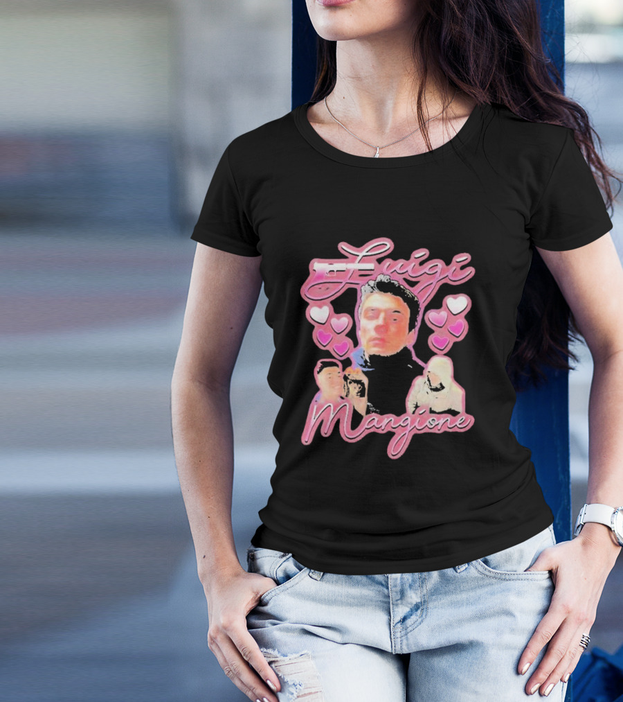 Luigi Mangione Pink Hearts And Portraits T-Shirt