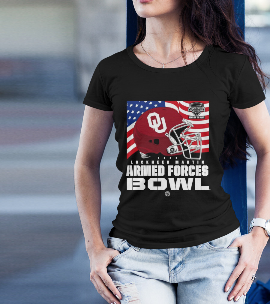 Oklahoma Sooners 2024 Lockheed Martin Armed Forces Bowl American Flag Helmet Bowl For The Brave T-Shirt