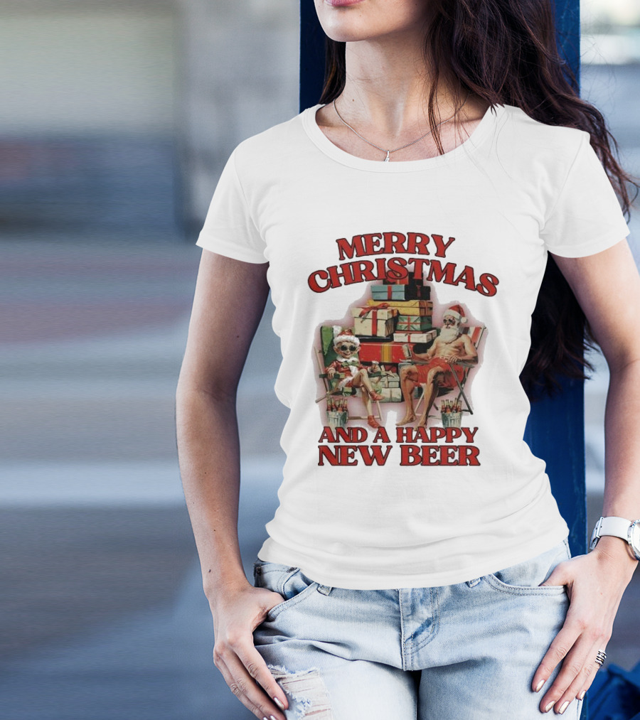 Merry Christmas And A Happy New Beer Skeleton Santa And Elf With Gifts T-Shirt