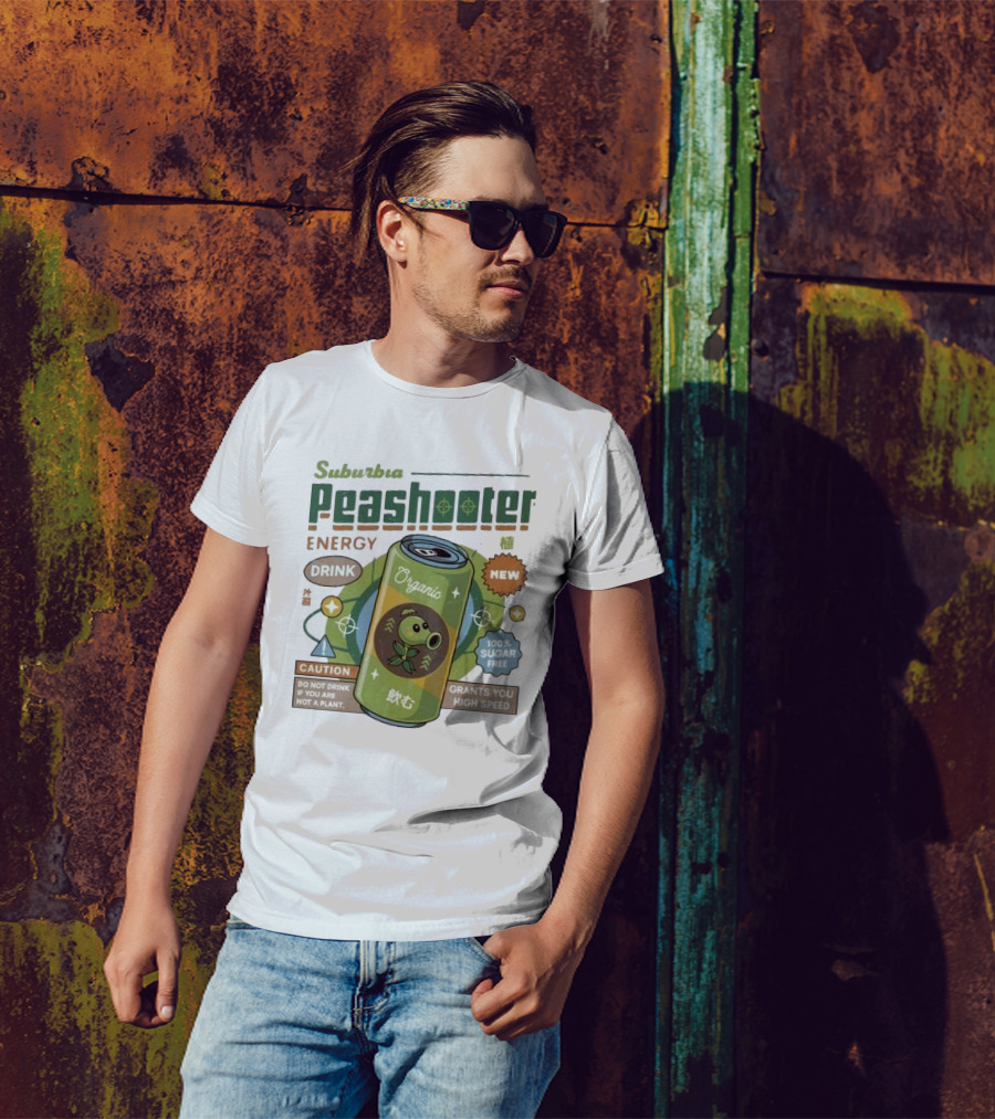 Suburbia Peashooter Energy Drink Organic New 100% Sugar Free Grants You High Speed Caution Do Not Drink If You Are Not A Plant T-Shirt