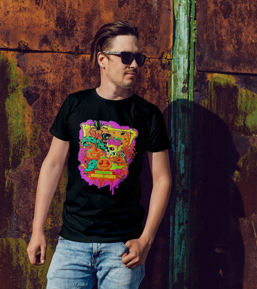Halloween Horror Nights 2024 Lil’ Boo Neon Skull Pumpkin Spooky Scene T-Shirt