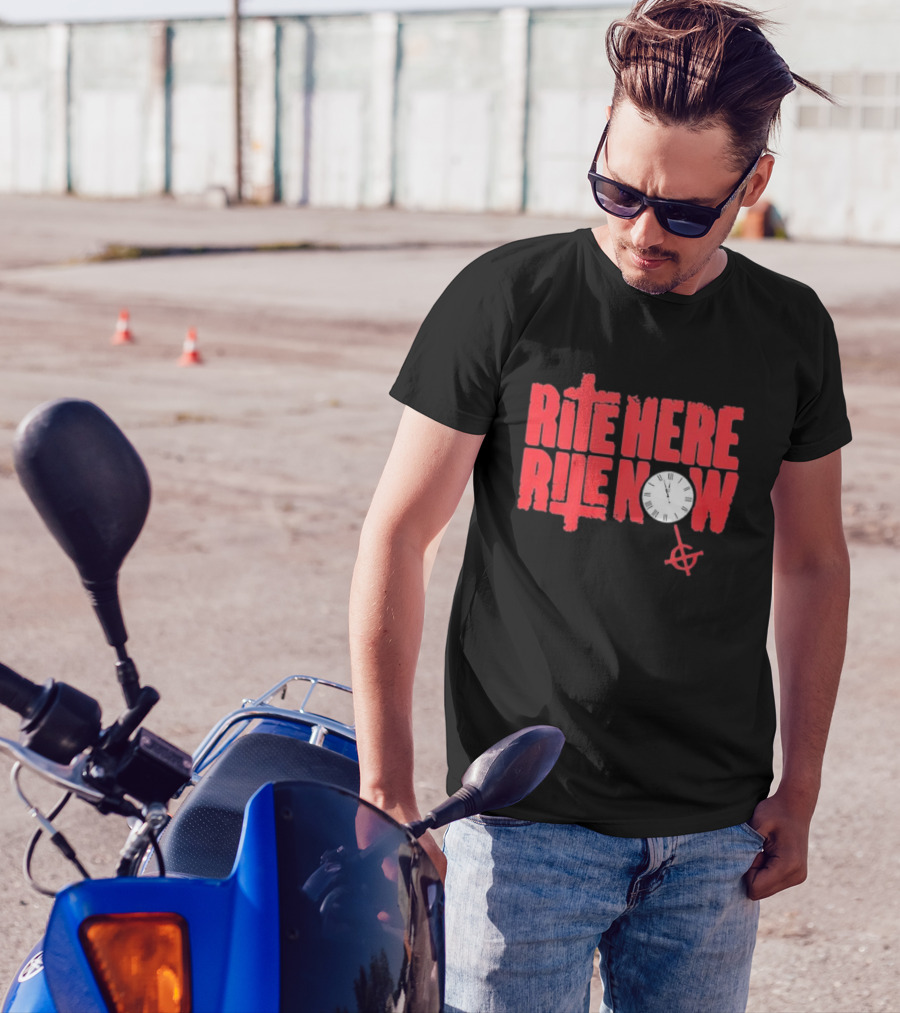 Rite Here Rite Now Clock Graphic Red Text Cross T-Shirt