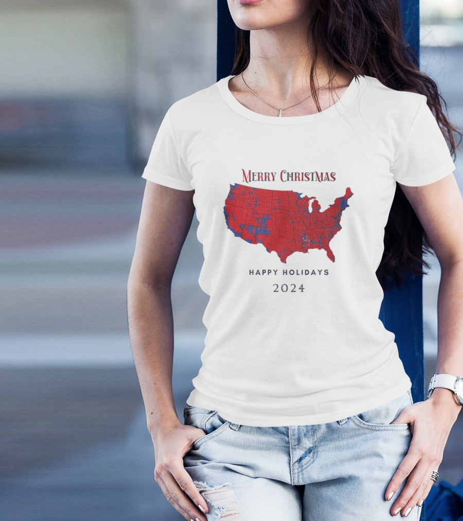 Merry Christmas 2024 Red Map Happy Holidays Republican Trump Election T-Shirt