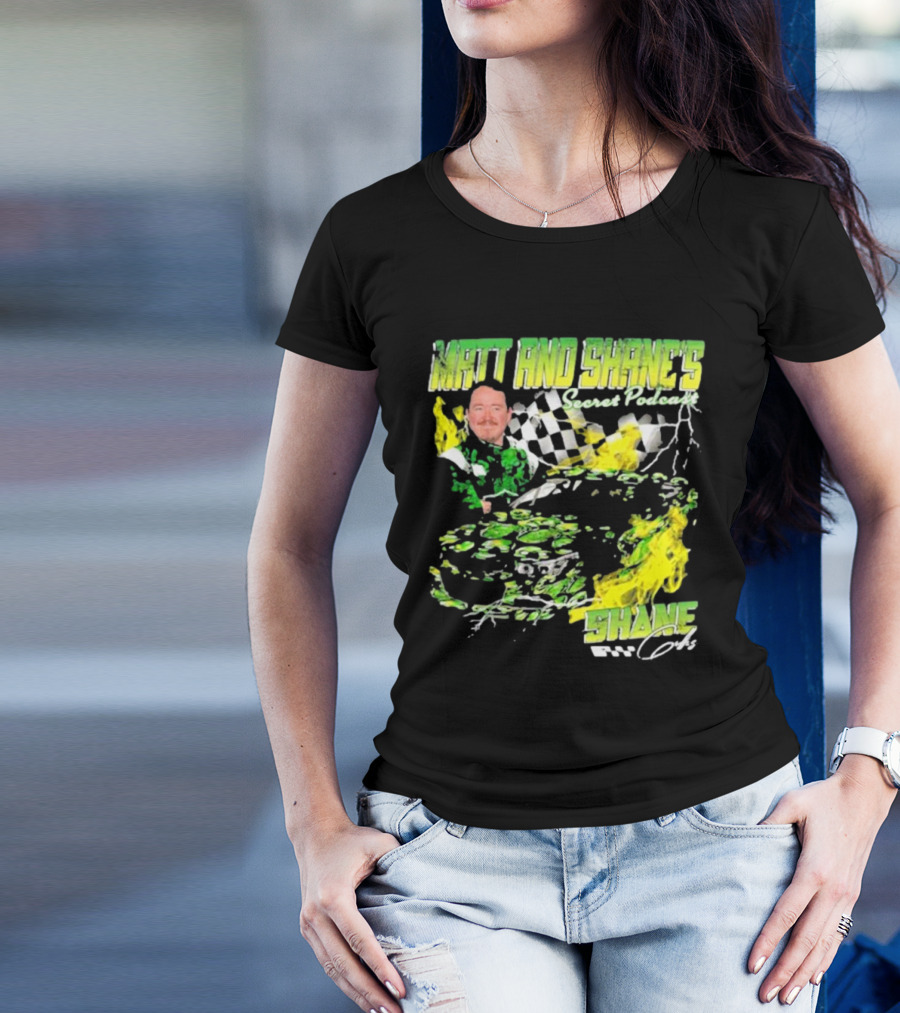 Matt And Shane's Secret Podcast Racing Theme With Flames And Checkered Flag T-Shirt