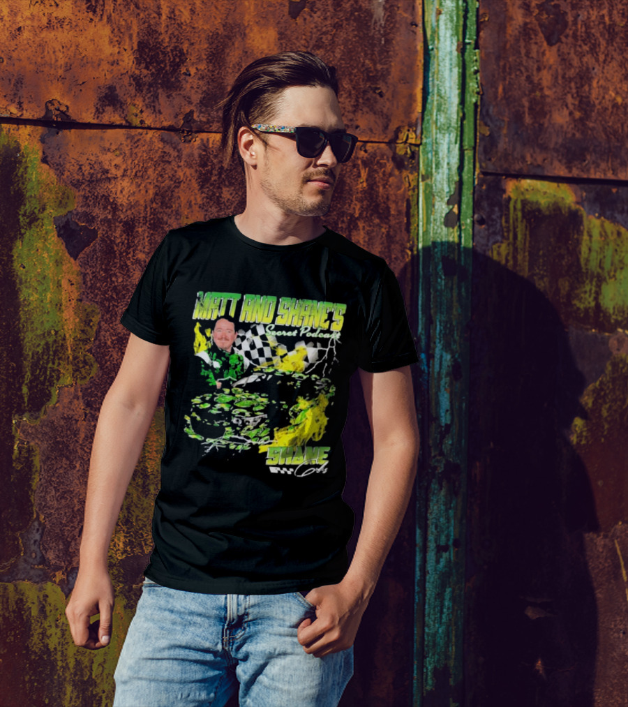 Matt And Shane's Secret Podcast Racing Theme With Flames And Checkered Flag T-Shirt