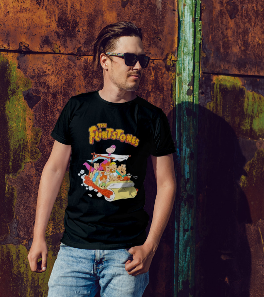 The Flintstones Family Adventure In Iconic Prehistoric Car T-Shirt