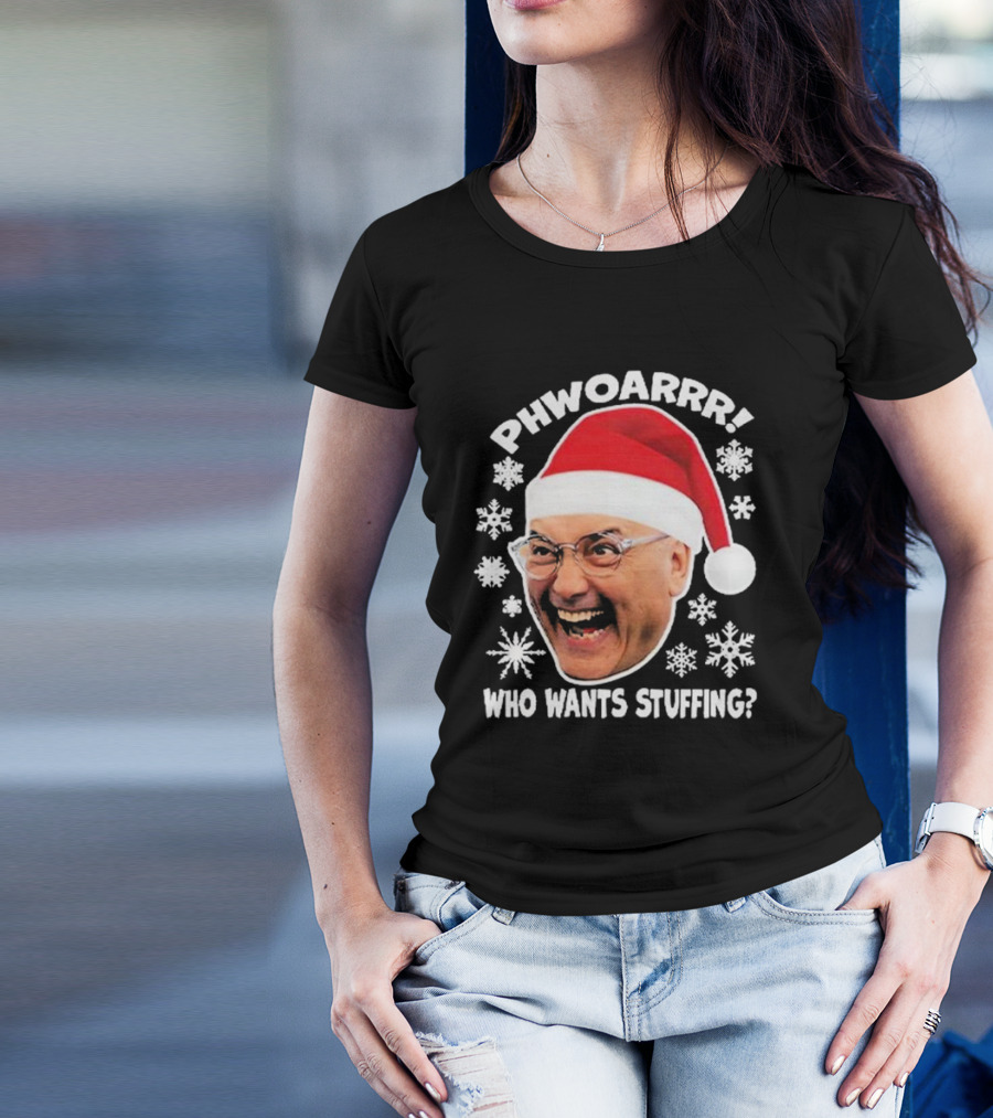 Phwoarrr Gregg Wallace Who Wants Stuffing Snowflakes Santa Hat T-Shirt