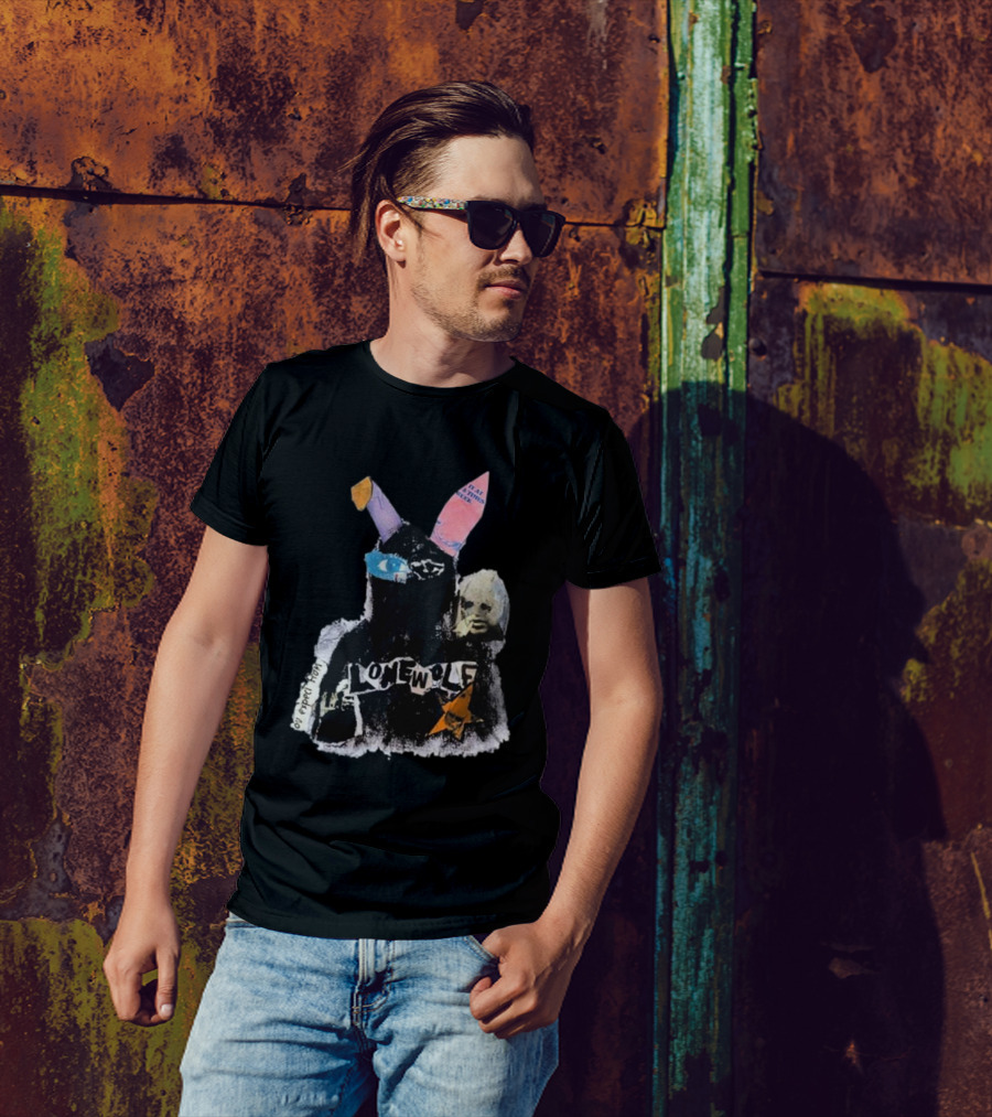 Lonewolf Bunn Psychedelic Collage With Earpiece Text And Star Elements T-Shirt