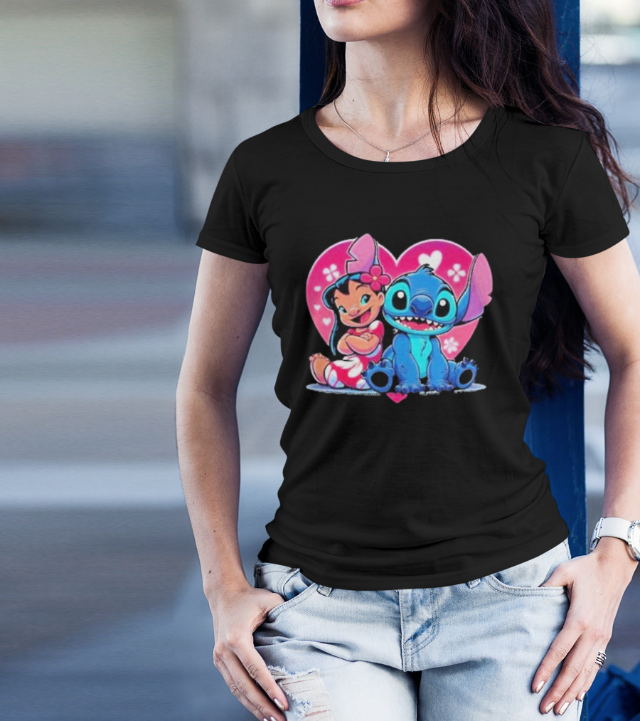 Lilo And Stitch Heart Background Pink Flower Ears Cute Characters T-Shirt