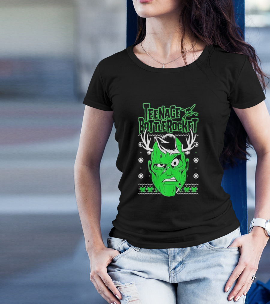 Teenage Bottlerocket Green Grumpy Face With Antlers Snowflakes Skulls Christmas T-Shirt