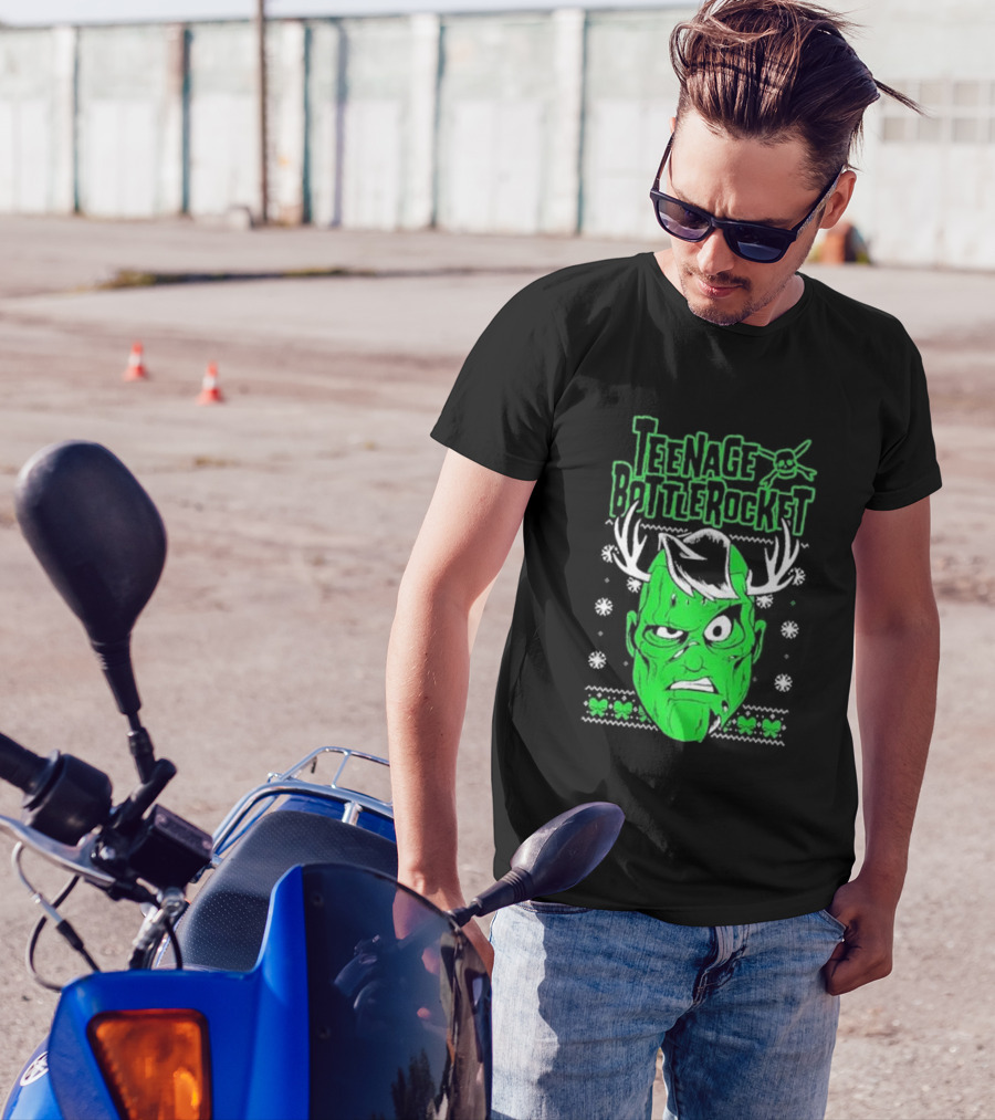 Teenage Bottlerocket Green Grumpy Face With Antlers Snowflakes Skulls Christmas T-Shirt