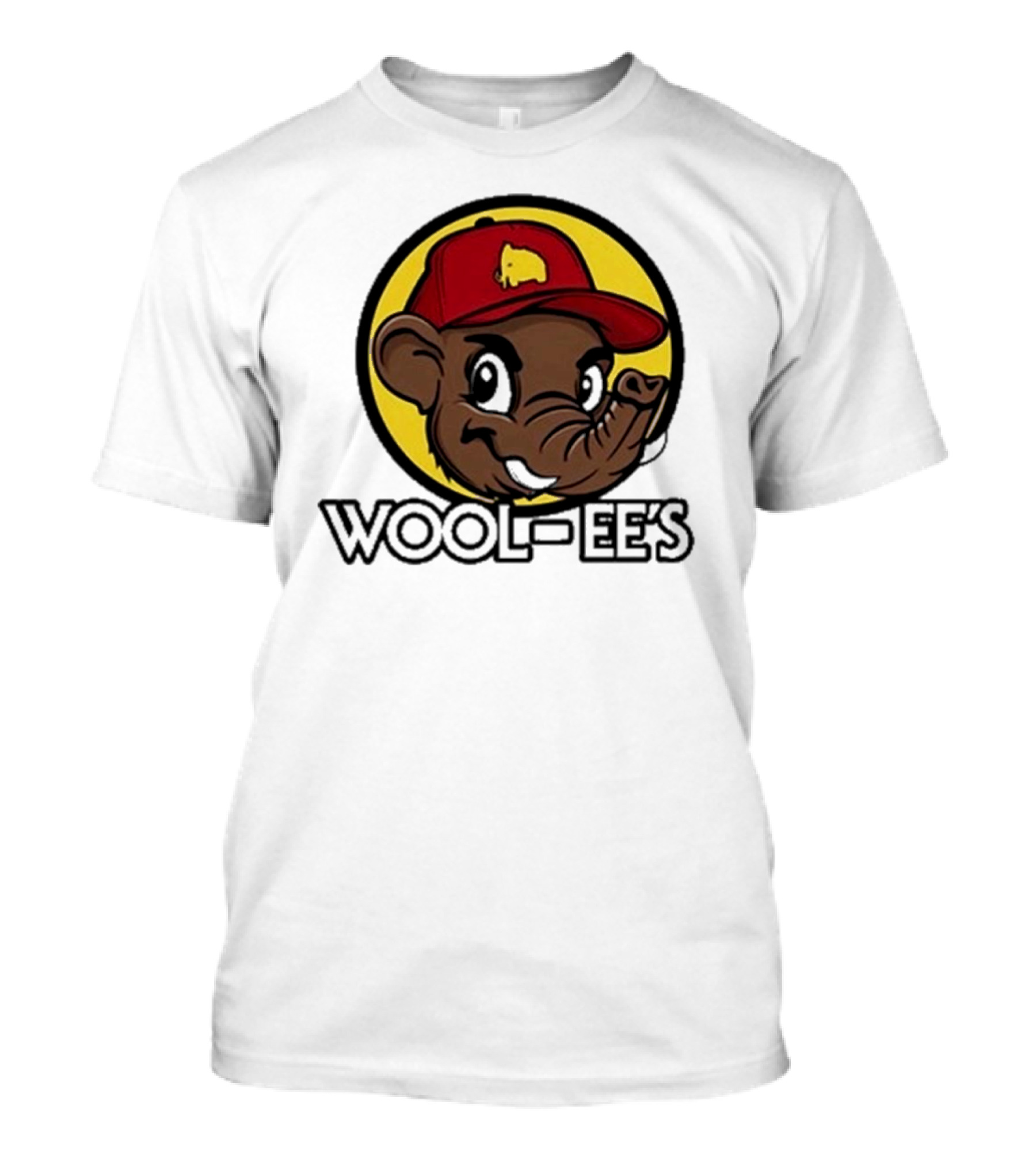 Wooli Wool-Ee’s Cartoon Character In Red Hat With Yellow Mammoth T-Shirt