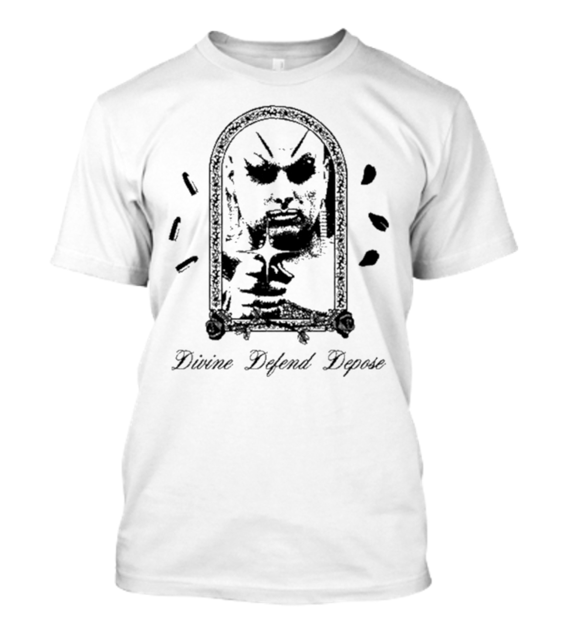 Catchinglizards Divine Defend Depose Bold Portrait With Roses And Bullets T-Shirt