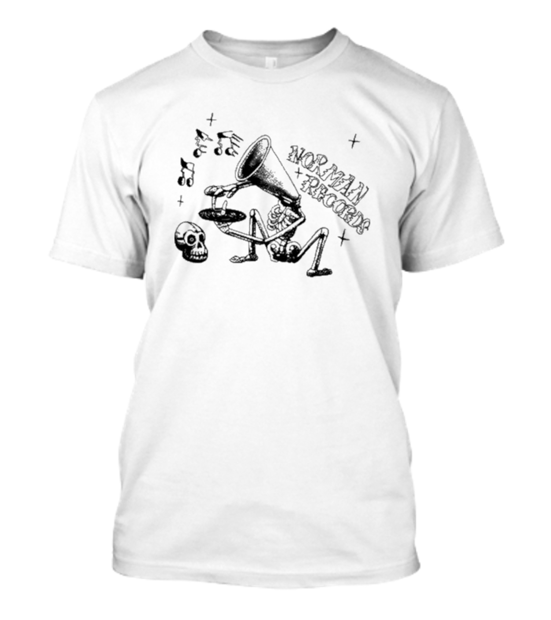 Norman Records Skeleton Phonograph Music Notes Skull T-Shirt