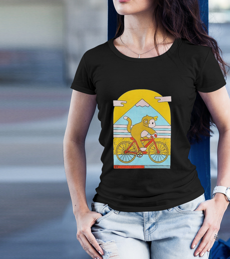 CDAWGVA Cycle Pullover Monkey Riding Bike With Mountain Background T-Shirt