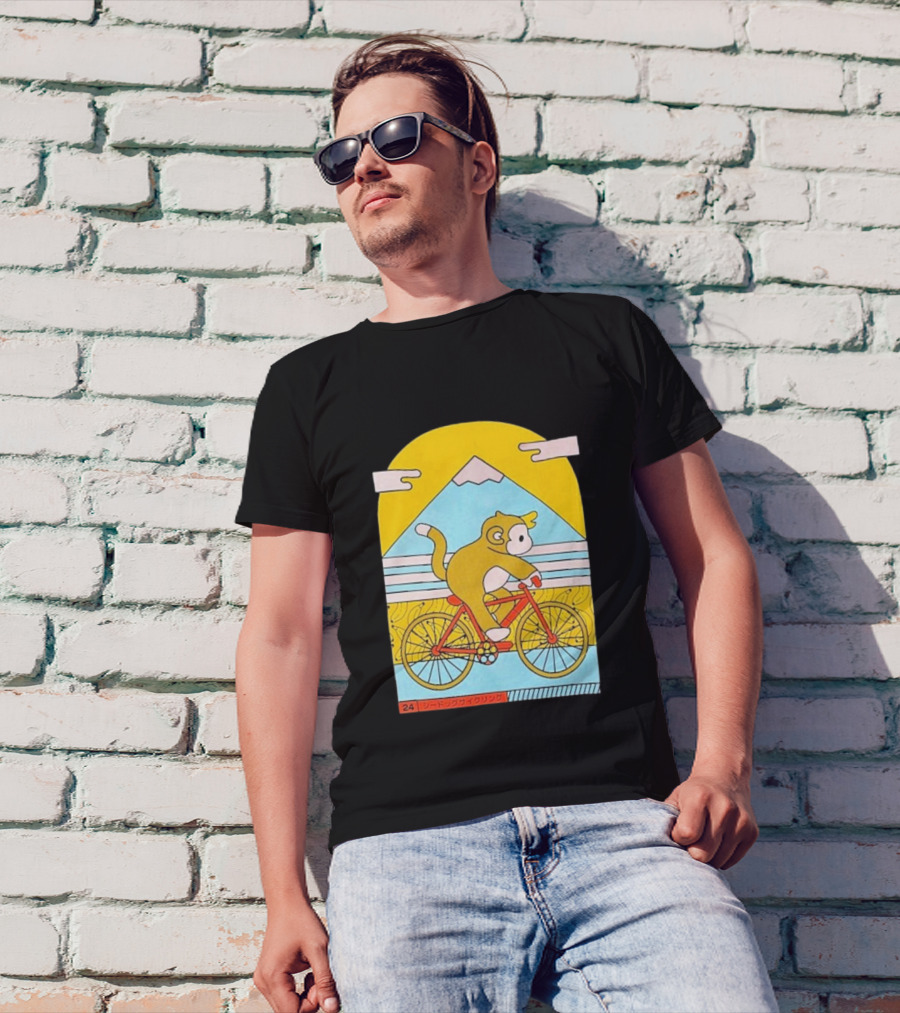 CDAWGVA Cycle Pullover Monkey Riding Bike With Mountain Background T-Shirt