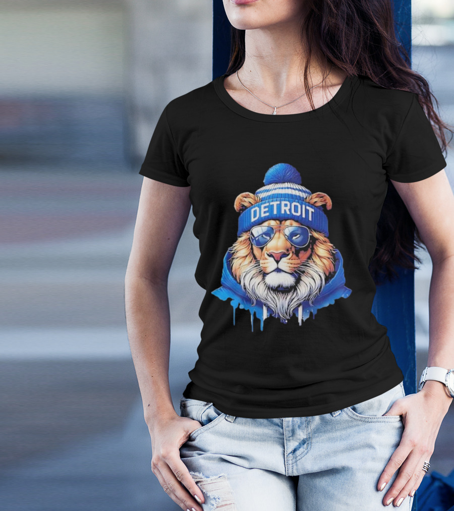 Detroit Lions Football 2025 New Season Cool Lion In Blue Beanie And Shades T-Shirt