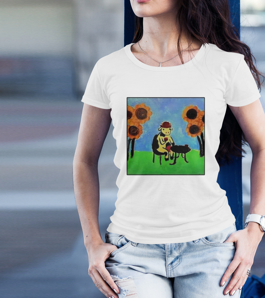 Cow Painting With Sunflowers And Tea Party Scene T-Shirt