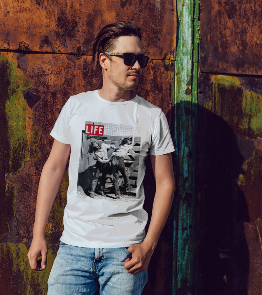 Life Magazine Cowboy Boys Playful Dust Off Fence Scene T-Shirt