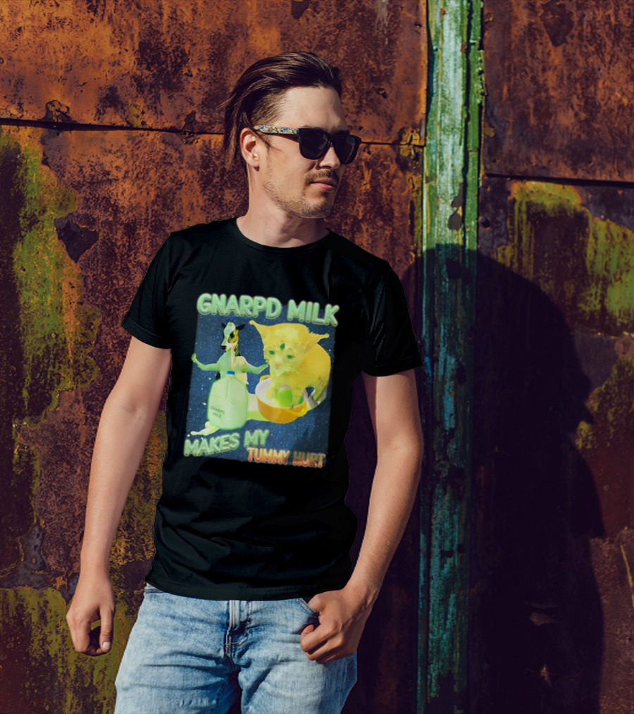 Gnarpd Milk Makes My Tummy Hurt Funny Alien Cat Brainrot Dank Meme Galactic Space Aesthetic T-Shirt