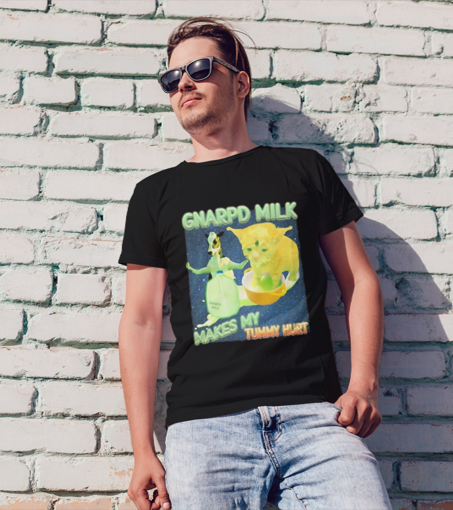 Gnarpd Milk Makes My Tummy Hurt Funny Alien Cat Brainrot Dank Meme Galactic Space Aesthetic T-Shirt