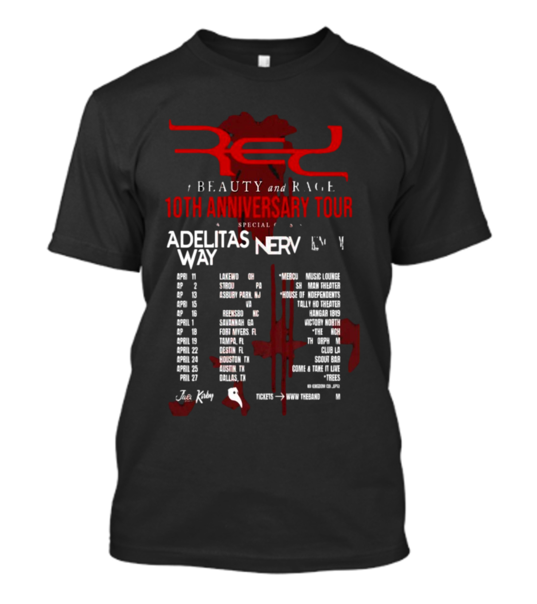 RED Band Beauty And Rage 10th Anniversary Tour 2025 Special Adelitas Way Tickets T-Shirt