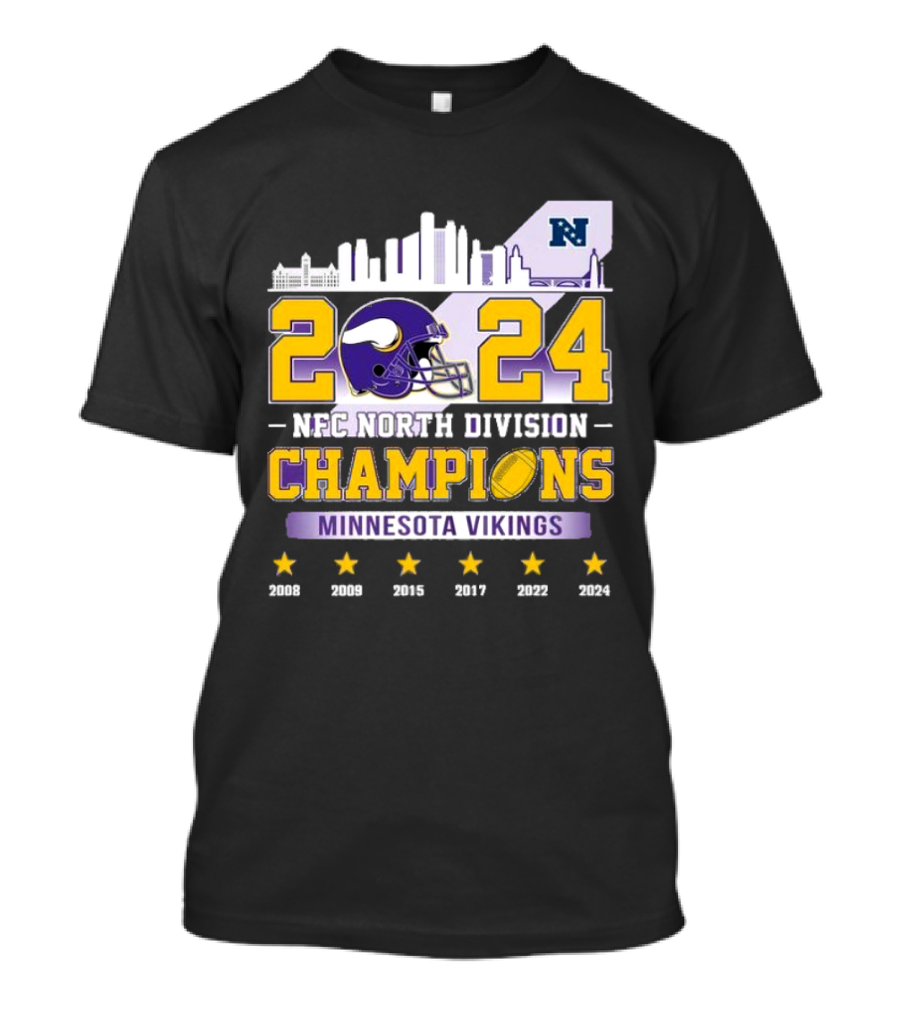 Minnesota Vikings 2024 NFC North Division Champions Skyline Football Helmet Logo Stars T-Shirt