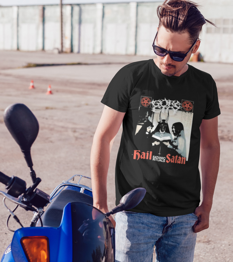 Gore City Hail Satan Satanic Rituals With Pentagram And Horned Figure T-Shirt