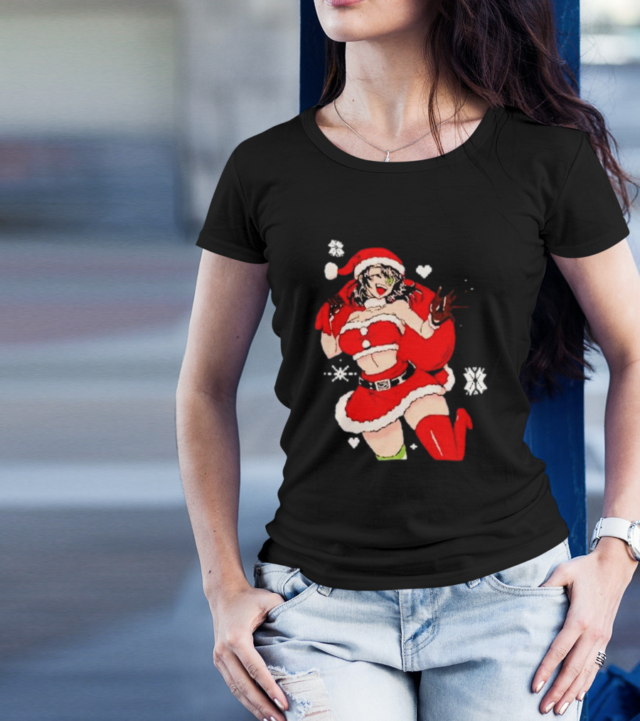 Supps Waifu Uwu Ugly Christmas Santa Anime Girl In Red Outfit With Snowflakes And Hearts T-Shirt