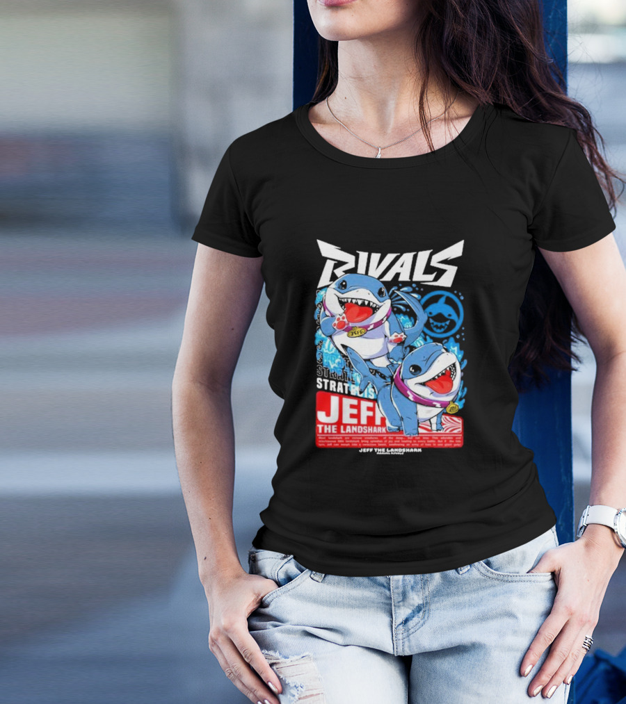 Rivals Stratbois Jeff The Land Shark Anime Style With Blue And Red Cartoon T-Shirt