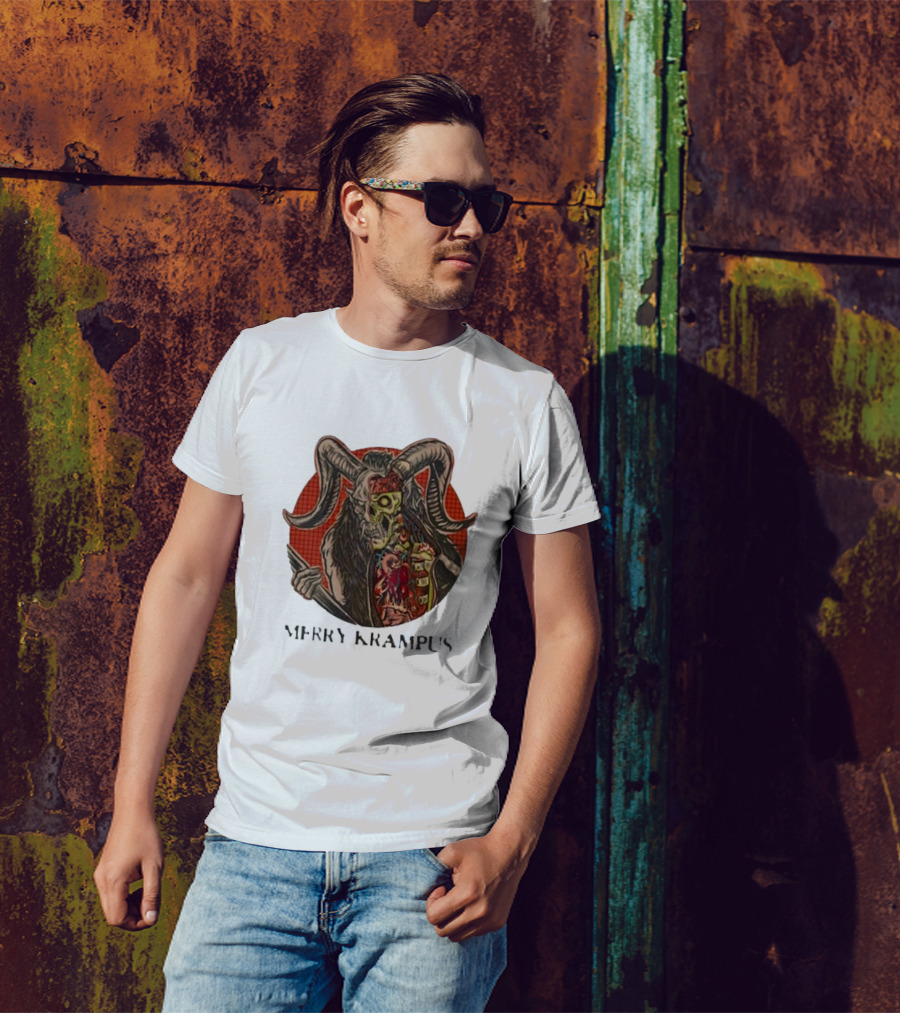 Merry Krampus Split Skull Horned Demon Halloween T-Shirt
