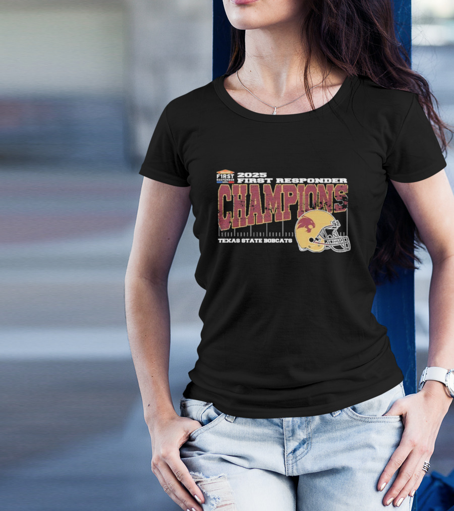 2025 Texas State Bobcats First Responder Bowl Champions Vintage Style Helmet College Football T-Shirt