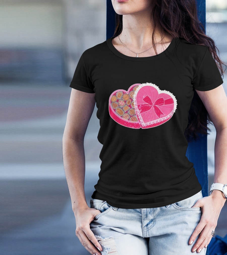 Living Fully Co Heart-Shaped Box Of Chocolates With Pink Bow And Lace Trim T-Shirt