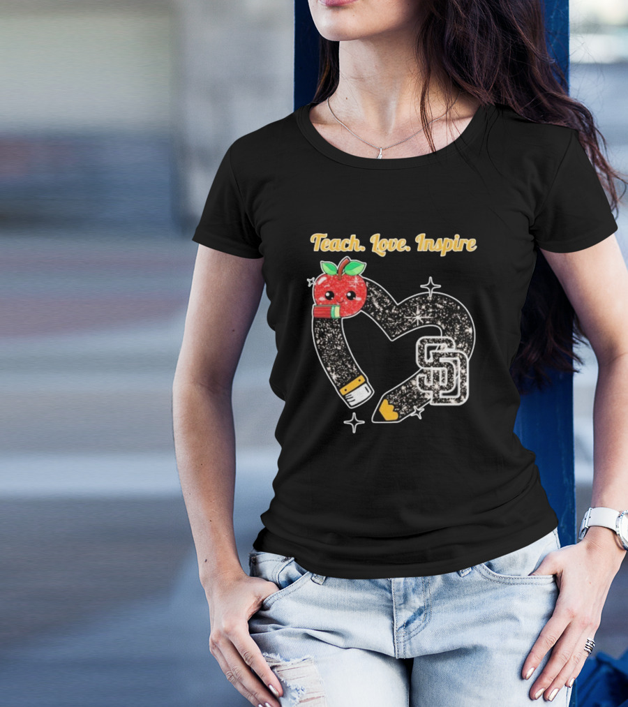 Teach Love Inspire San Diego Padres Sparkling Heart Apple Pencil T-Shirt