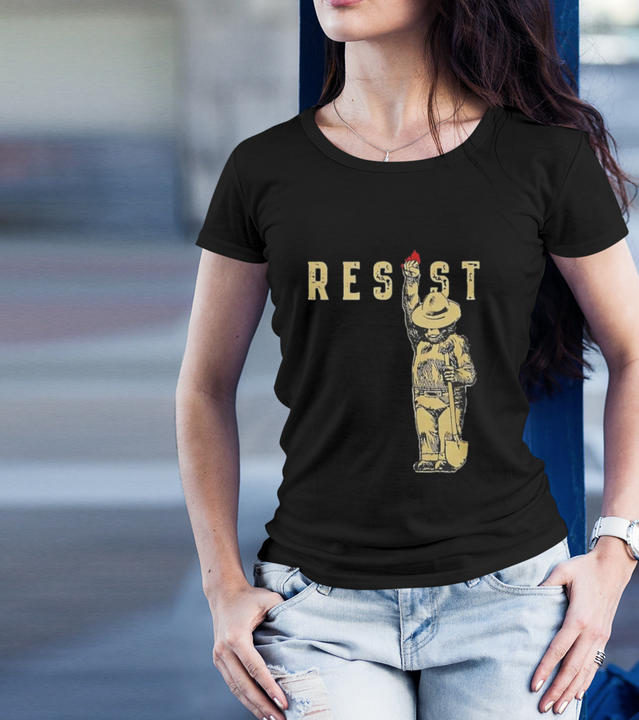 "Smokey Resist Firefighter Bear With Raised Fist And Shovel" T-Shirt