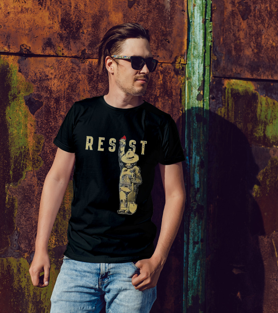 "Smokey Resist Firefighter Bear With Raised Fist And Shovel" T-Shirt