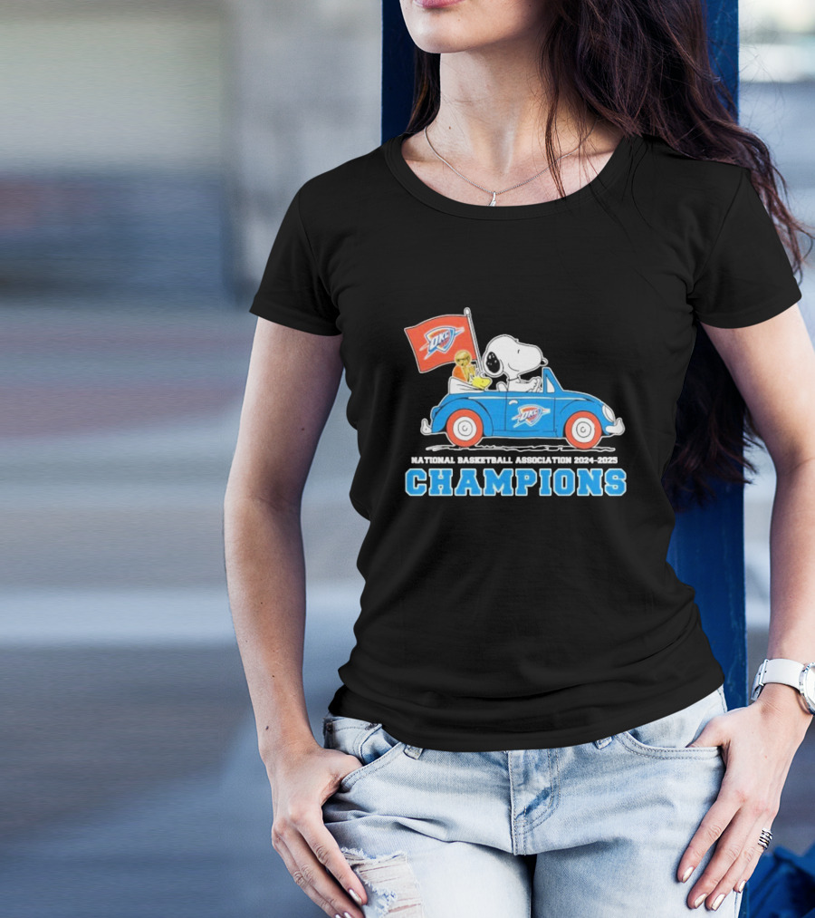 Snoopy Woodstock Peanuts Driving Car NBA Champions 2024 2025 OKC T-Shirt