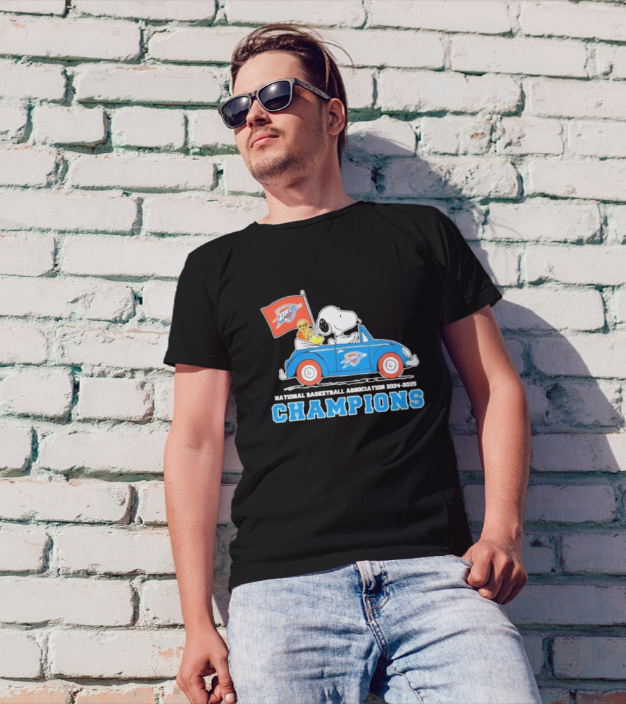 Snoopy Woodstock Peanuts Driving Car NBA Champions 2024 2025 OKC T-Shirt