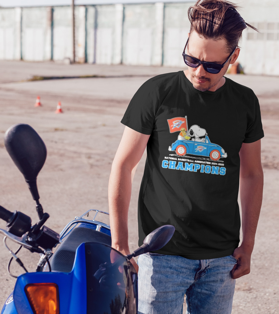 Snoopy Woodstock Peanuts Driving Car NBA Champions 2024 2025 OKC T-Shirt