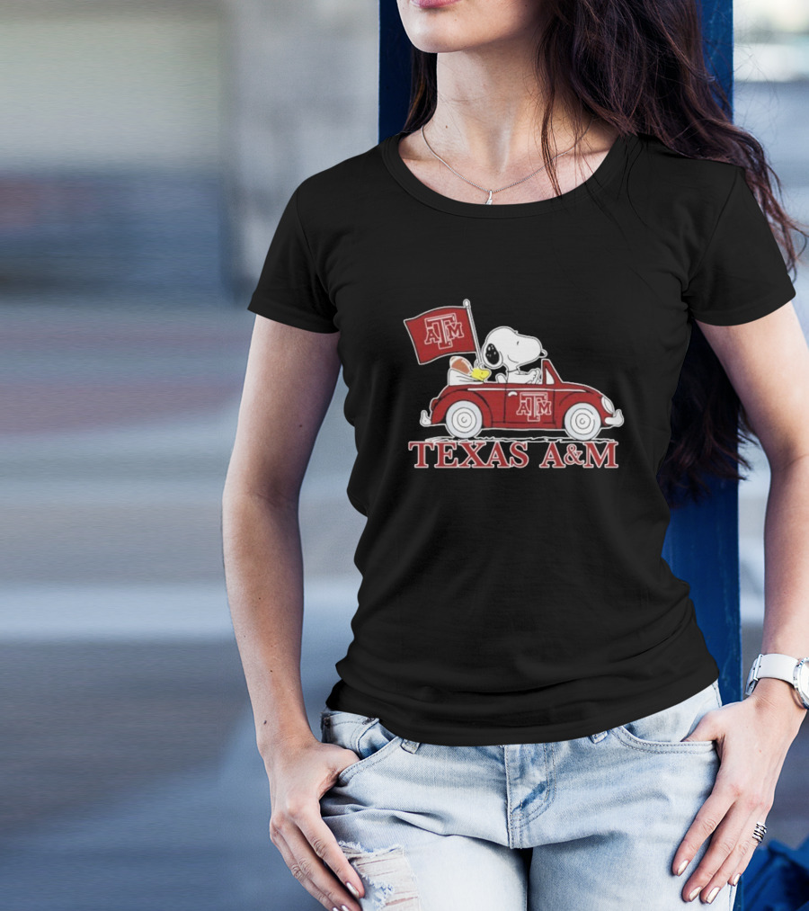 Snoopy Woodstock Driving Texas A&M Car Peanuts T-Shirt