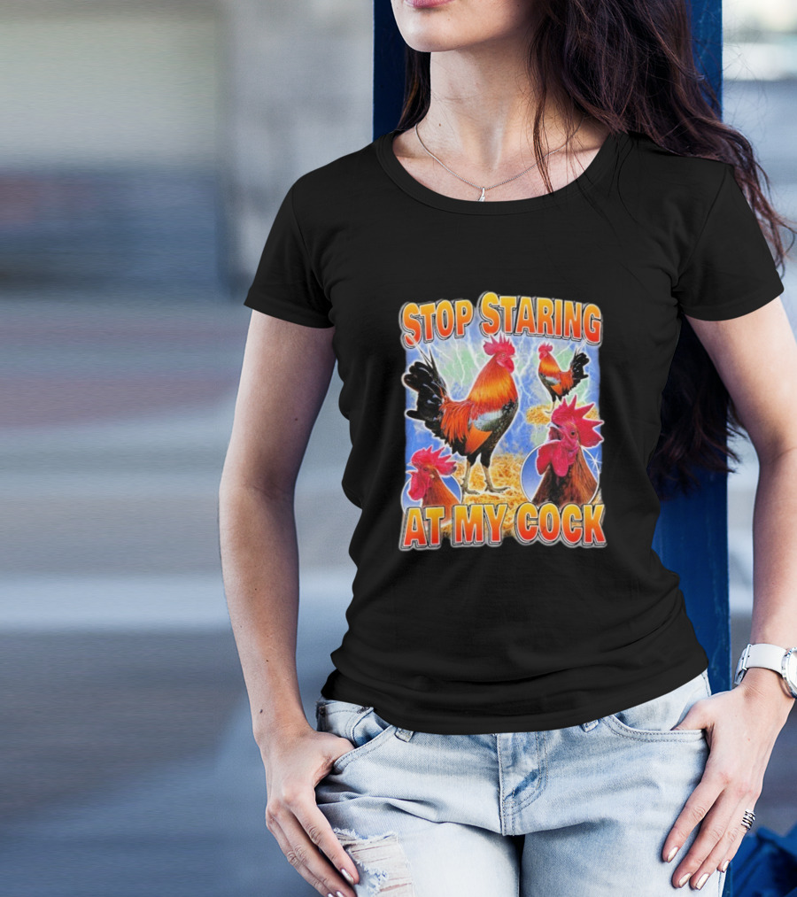 Stop Staring At My Cock Rooster Lightning Scene T-Shirt
