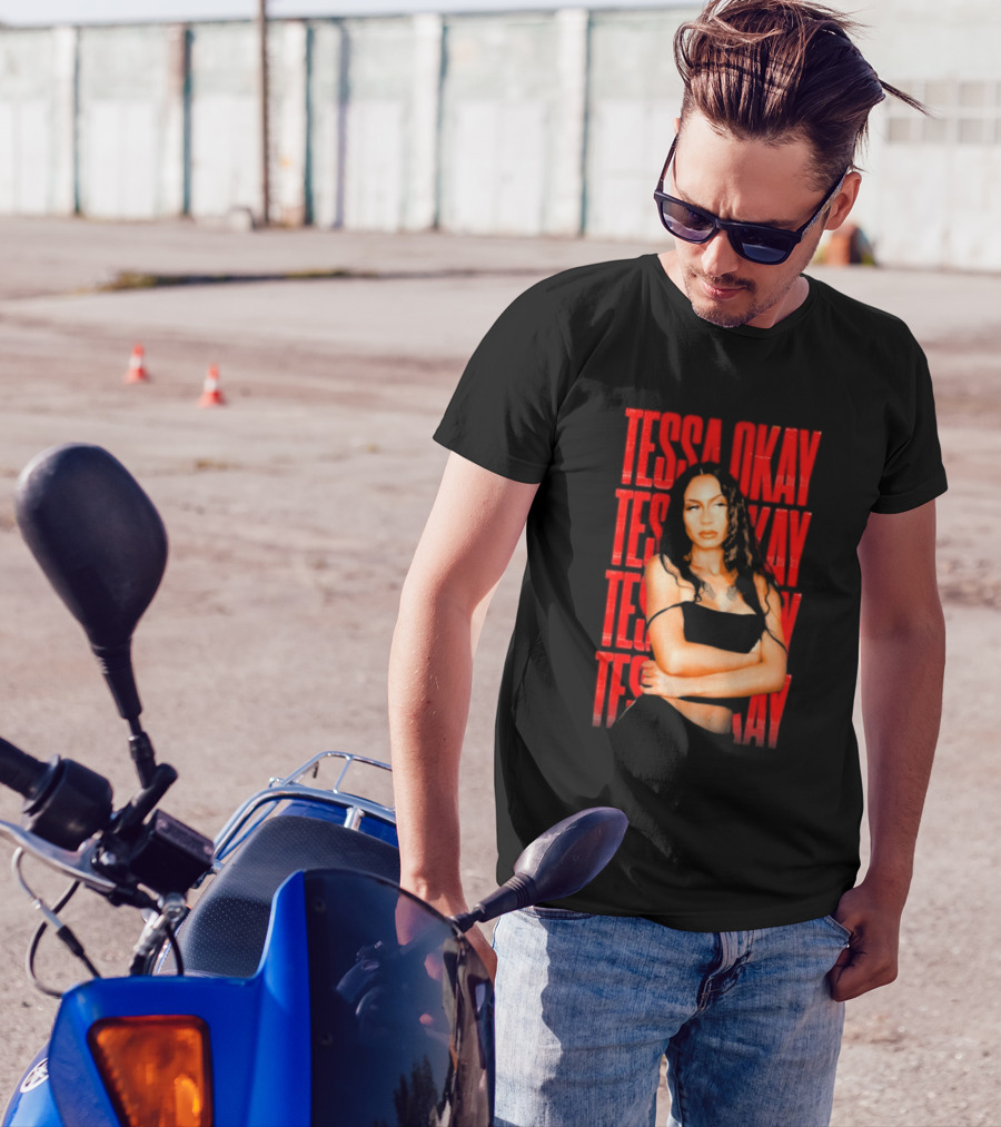 Tessa Okay Bold Red Typography With Crossed-Arms Portrait T-Shirt
