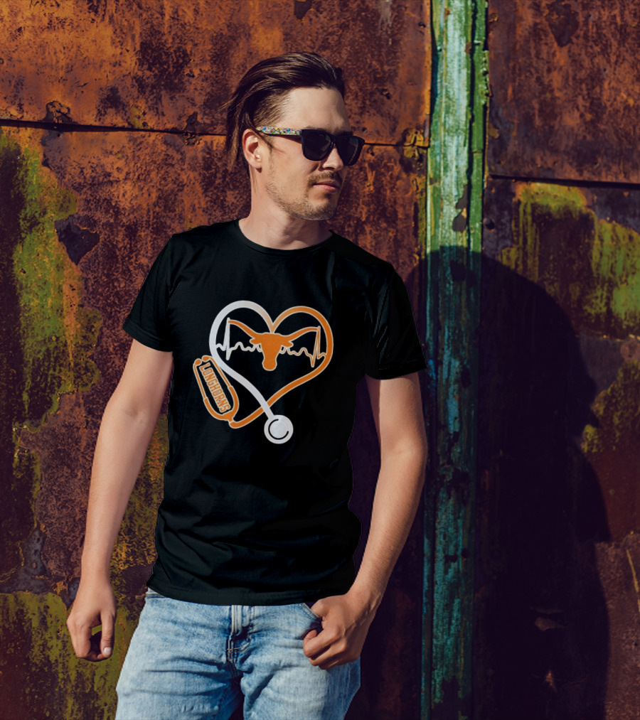 Texas Longhorns Caring Hearts Nurse Stethoscope Heartbeat T-Shirt